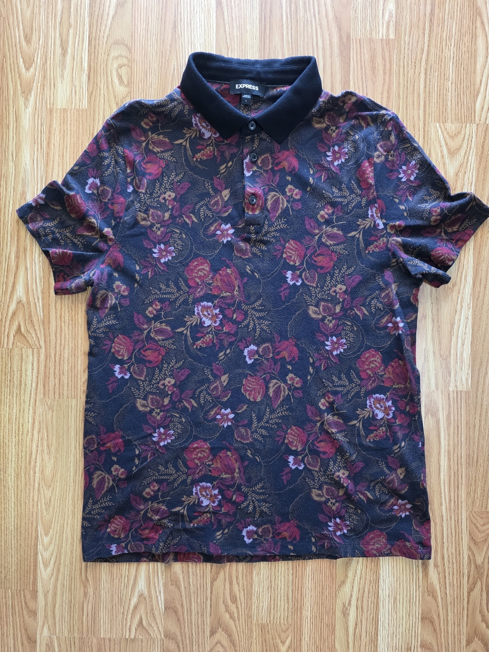 Express Men’s Black Polo with Burgundy Floral Print